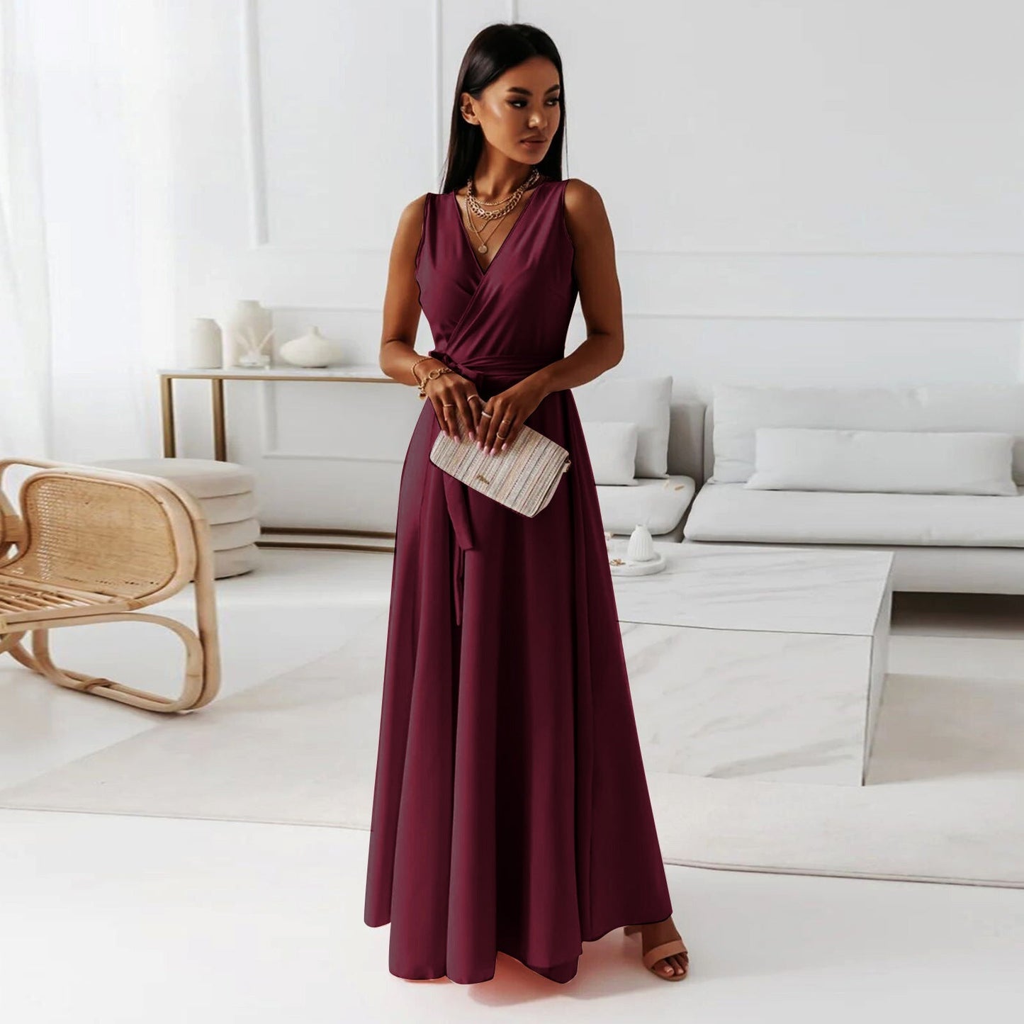 Melinda | Solid V-Neck Maxi Dress for Women