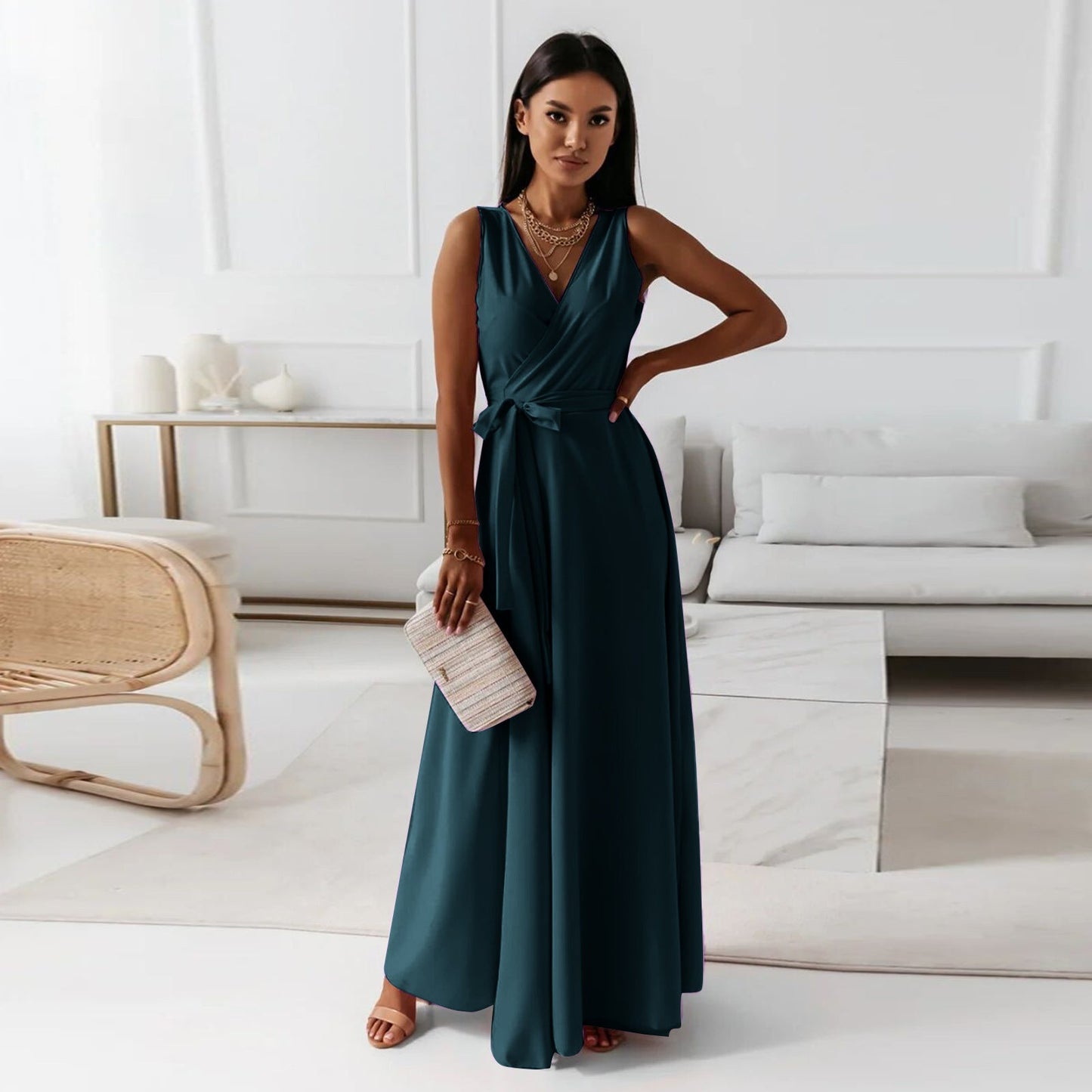 Melinda | Solid V-Neck Maxi Dress for Women